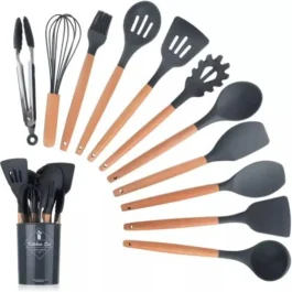 12-pcs-silicone-cooking-utensils-kitchen-utensil-set-heat-resistant-kitchen-non-toxic-spatula-set-with-turner-tongsspoonbrushwhisk-wooden-handle-random-color - 1