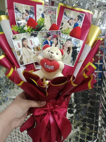 Polaroid Photo Bouquet with Teddy & Heart Flowers - Image 2
